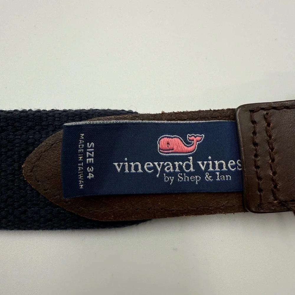 Vineyard Vines Mens Belt Navy Blue Canvas Silk Lime Key Print Leather Trim Sz 34